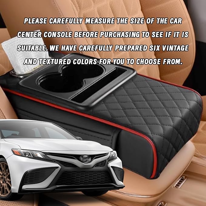 Car Armrest Cushion, 5 in 1 Center Console Cover with 2 Cup Holders, Phone Holder, Tissue Holder, Storage Bag, Multifunctional Leather Heightened Car Armrest Cushion for Most Cars