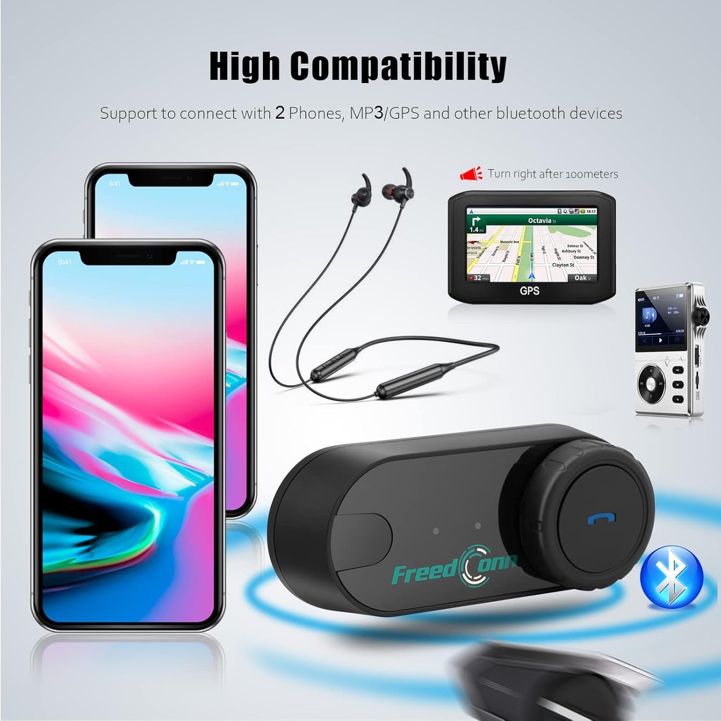 FreedConn TCOM VB Motorcycle Helmet Bluetooth Headset, Motorcycle Communication Systems with CVC Noise Cancellation, Stereo Music, 3 Riders 0.5mi/800m intercom, 12Hrs Intercom, IP65, 2 Pack