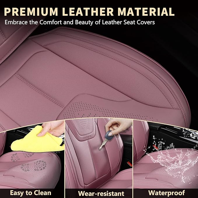 FLORICH Car Seat Cover Full Set, Automotive Vehicle Seat Cushions, Luxury Waterproof Leather Car Seat Protectors, Car Seat Cushions Universal Fit for Most Sedans SUVs Trucks - Pink