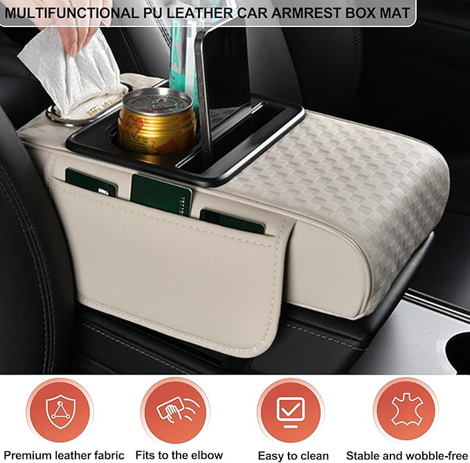 Center Console Cover,Car Armrest Cushion Multifunctional with 2 Storage Bags Cup Holder,Phone Slot,Tissue Box Slot for Most Cars Accessories Interior Organizers-Brown 13.8x7.9 in
