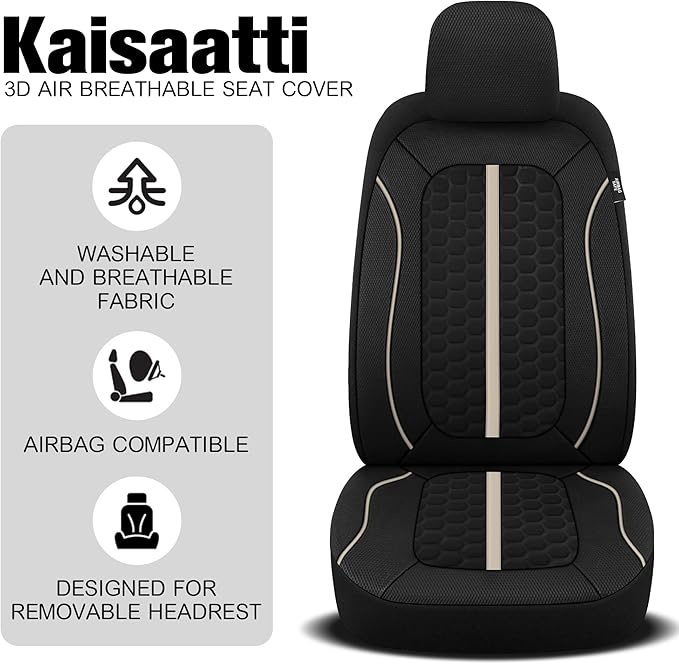 Breathable Premium Car Seat Covers Full Set,3D Air-Mesh Seat Covers for Cars,Comfortable Safety Airbag Compatible,Universal for Most Cars Sedan Truck SUV(Black/Beige)