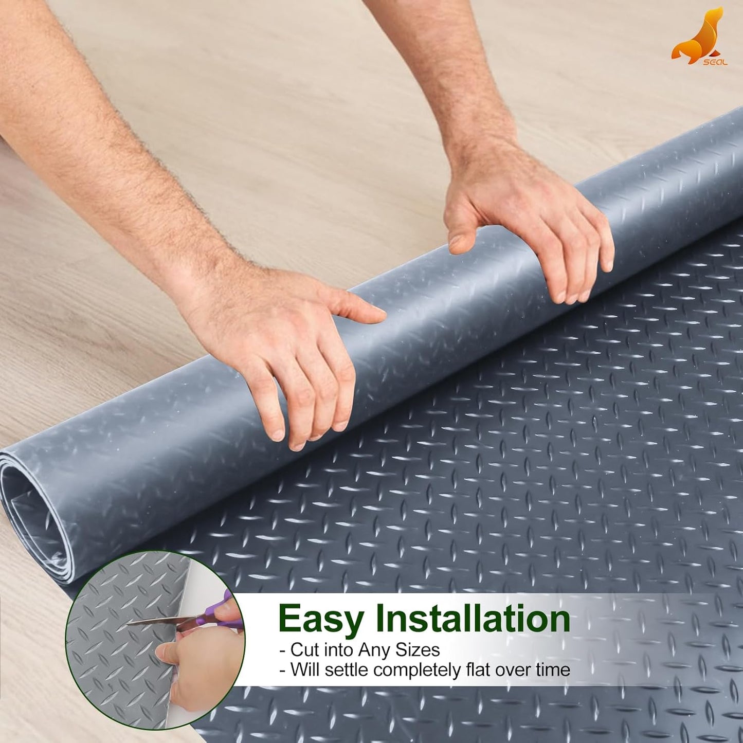 SEAL 4 x 6 Ft Premium Garage Floor Mat, Solid 2.8mm Thick Gray Commercial Grade Heavy Duty Parking Mat for Garage Floor, Golf Cart Parking, Water/Stain Resistant Floor Runner (Embossed Diamond Plate)