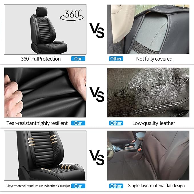 Fit Equus Car Seat Covers for Hyundai Equus 2011-2014 2015 - Upgraded Premium Waterproof & Breathable Leather, Airbag Compatible, All-Weather Seat Cushion Protector (Full Set, Black)