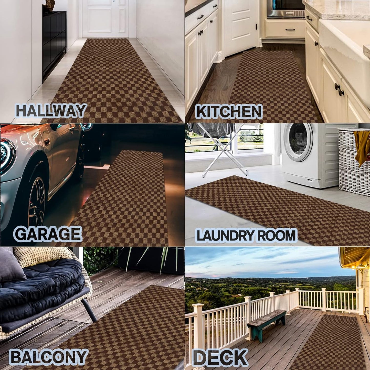 Custom Size Backed Non-Slip Area Rugs Runner, Easy Clean, Waterproof Runner Rugs for Hallway Entryway, Kitchen, Laundry, 4FT x 44FT, Brown Checkered