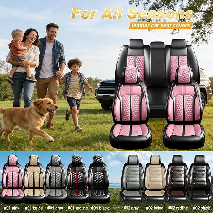 Car Seat Covers for Select Honda Fit 2007-2020, Premium Full Coverage Leather, Airbag Compatible& Scratch-Resistant, Waterproof & All Weather Breathable Seat Protector, Front Pair Black+Pink