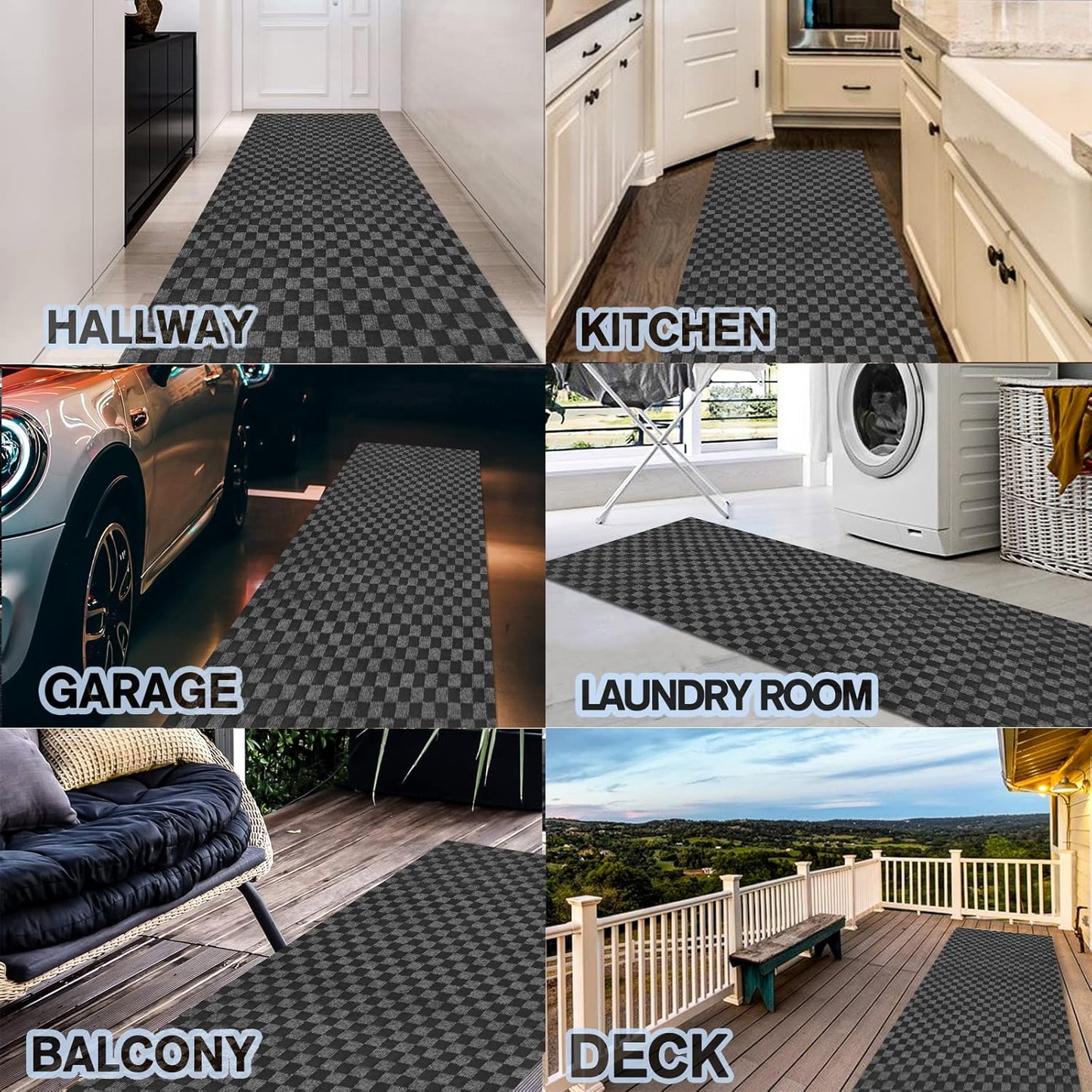 Custom Size Backed Non-Slip Area Rugs Runner, Easy Clean, Waterproof Runner Rugs for Hallway Entryway, Kitchen, Laundry, 3FT x 17FT, Gray Checkered