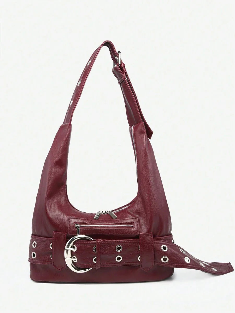 Multi-Strap Metal Decor Casual Distressed Faux Leather Shoulder Underarm Bag