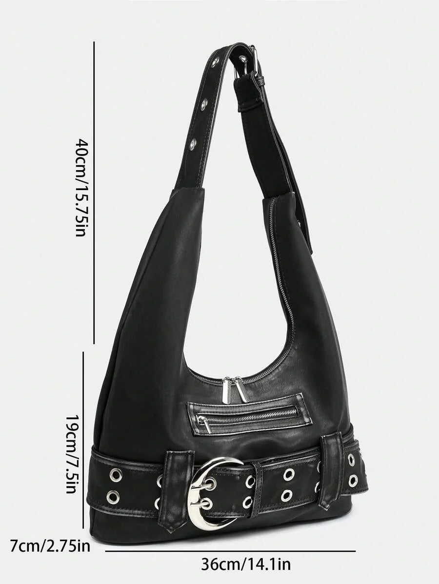 Multi-Strap Metal Decor Casual Distressed Faux Leather Shoulder Underarm Bag