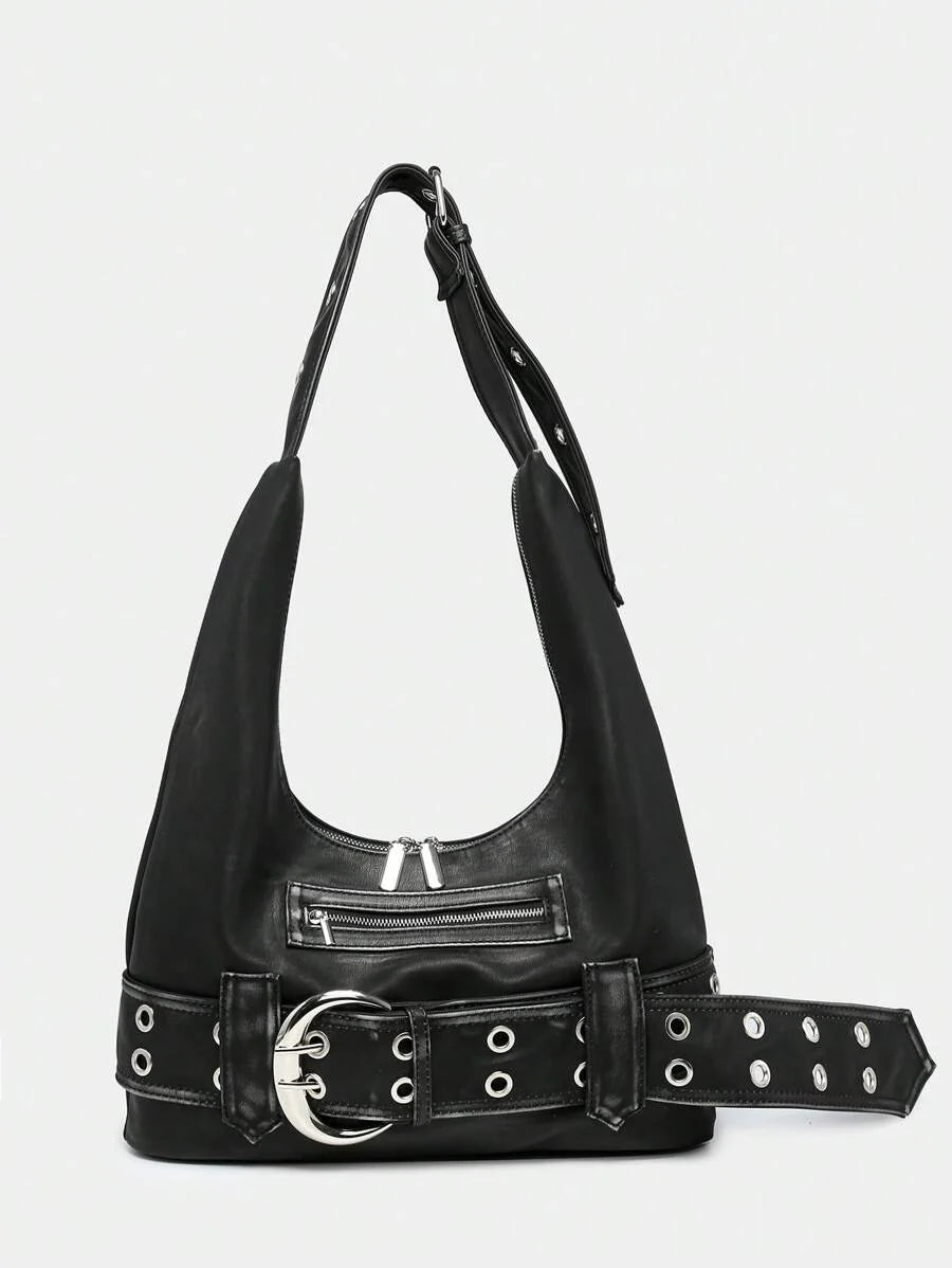 Multi-Strap Metal Decor Casual Distressed Faux Leather Shoulder Underarm Bag