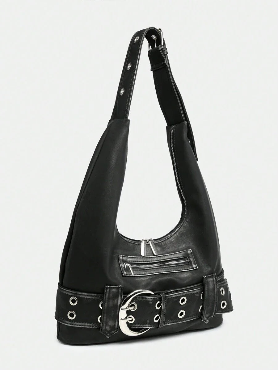 Multi-Strap Metal Decor Casual Distressed Faux Leather Shoulder Underarm Bag