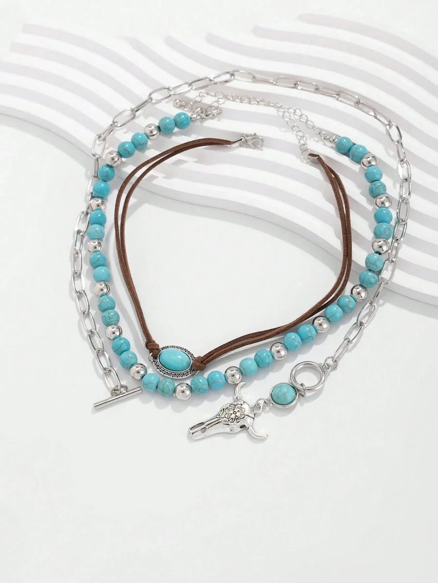 ROMWE Fairycore Fashionable Bohemian Western Style Turquoise Beaded Necklace Set