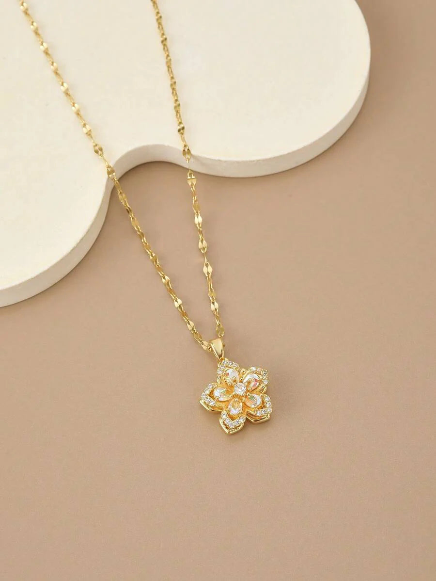 1pc Stainless Steel 5-Petal Rotating Flower Necklace