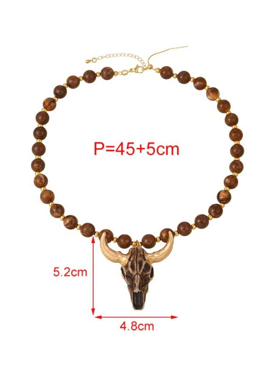 Gothic Style Fashionable Carved Bull Head Resin Bead Necklace