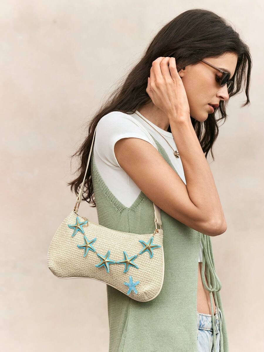 ROMWE Fairycore Summer Beach Starfish Series Woven Shoulder Bag