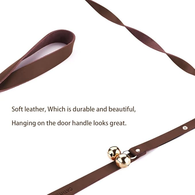 Leather Dog Doorbells for Door Knob/Potty Training/Go Outside, Length Adjustment Copper Dog Bell, Housetraining Hanging Bell, Dark Brown Leather Golden Bells