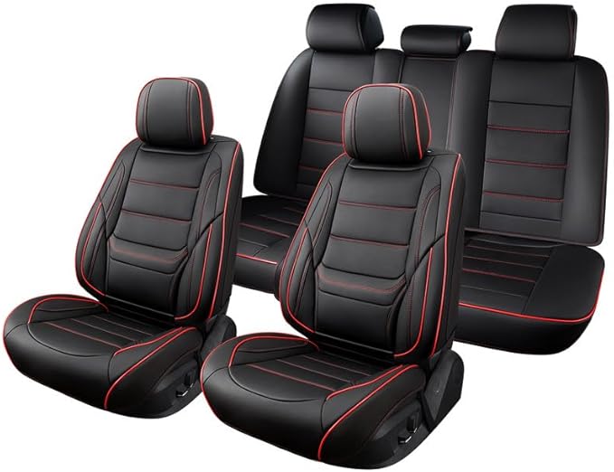 Car Seat Covers Full Set Custom Fit for Ford Maverick 2022-2026-Luxury Leather with Lumbar Support, Breathable, Waterproof, Anti-Slip, Durable, Easy to Install (Black&Red,Full Set)
