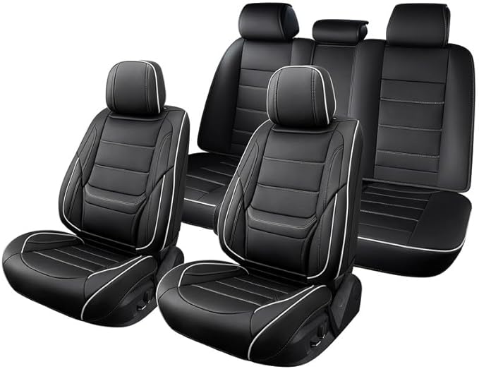 Car Seat Covers Full Set Custom Fit for Saturn ION 2003-2010-Luxury Leather with Lumbar Support, Breathable, Waterproof, Anti-Slip, Durable, Easy to Install (Black&White,Full Set)