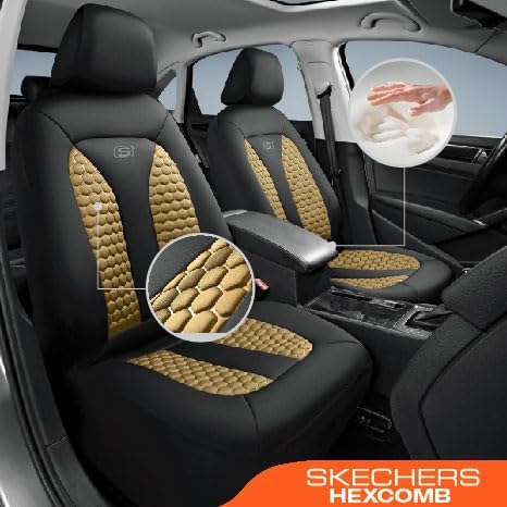 Skechers Memory Foam™ Car Seat Covers, Hexcomb Breathable Thick Seat Covers Two Front Seat Covers, Airbag Compatible, Automotive Comfort & Protection for Most Cars,Van,Trucks, SUVs (Beige,Two Front)