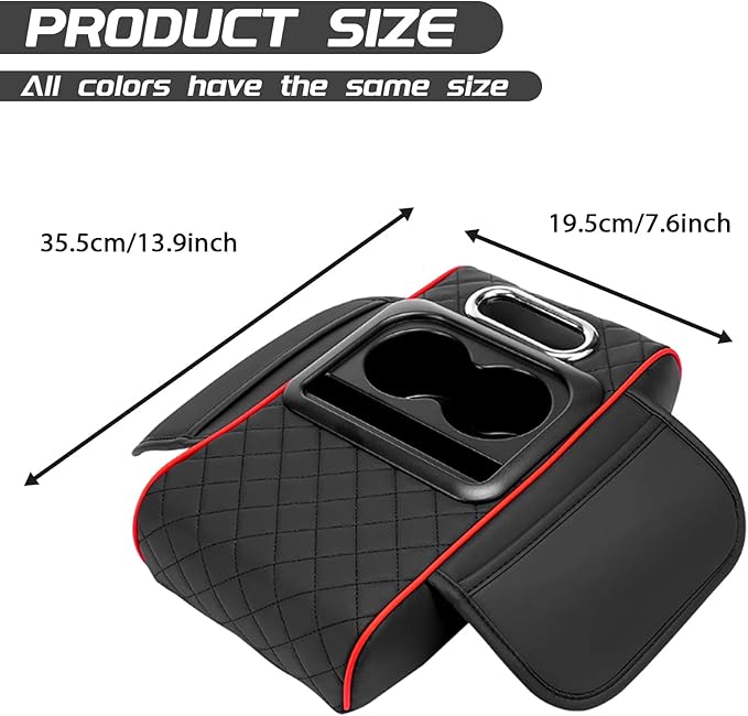 Car Armrest Cushion, 5 in 1 Center Console Cover with 2 Cup Holders, Phone Holder, Tissue Holder, Storage Bag, Multifunctional Leather Heightened Car Armrest Cushion for Most Cars