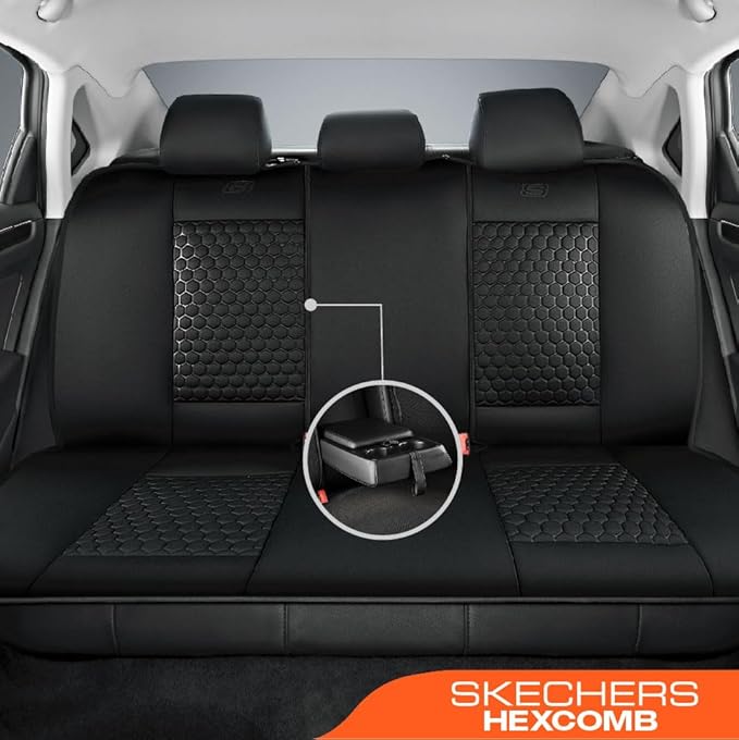 Skechers Memory Foam™ Car Seat Cover Full Sets, Hexcomb Breathable Thick Seat Covers, Airbag Compatible, Automotive Comfort & Protection for Most Cars,Van,Trucks, SUVs (Black,Full Set)