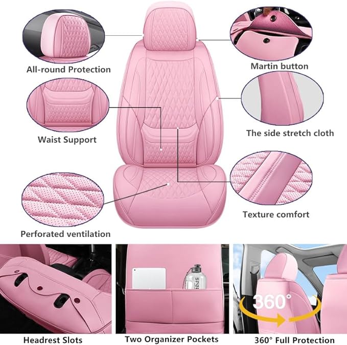 Front Seat Car Seat Covers Custom Fit for Ford Ranger 2000-2026 - Premium Faux Leather with Lumbar Support | Breathable, Waterproof, Anti-Slip, Durable (Pink,Front Seat)