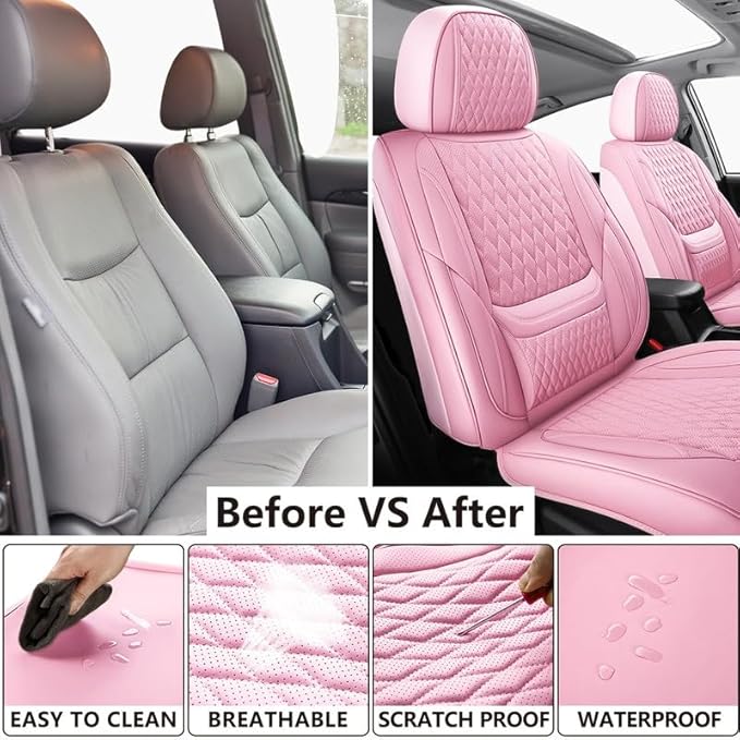 Car Seat Covers Full Set Custom Fit for Ford Fusion 2007-2020 - Premium Faux Leather with Lumbar Support | Breathable, Waterproof, Anti-Slip, Durable (Pink,Full Set)