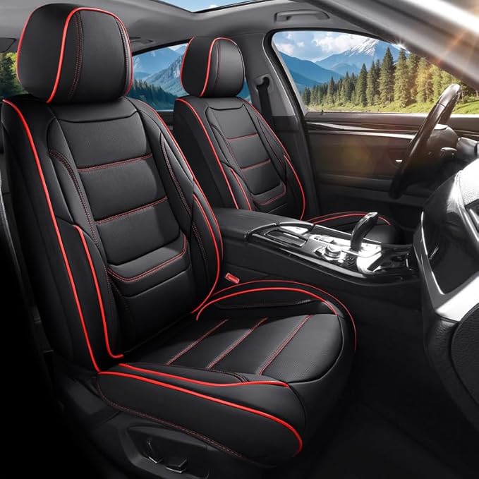 Car Seat Covers Full Set Custom Fit for Ford Taurus 1999-2018-Luxury Leather with Lumbar Support, Breathable, Waterproof, Anti-Slip, Durable, Easy to Install (Black&Red,Full Set)