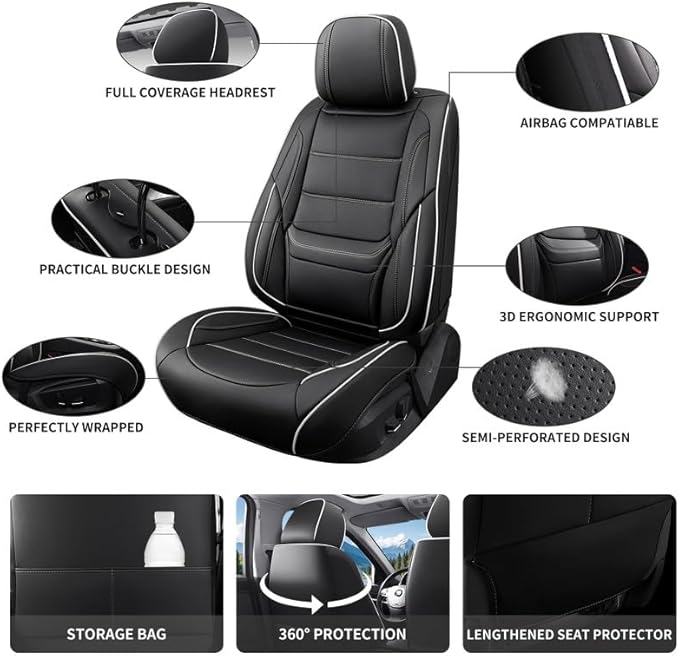 Car Seat Covers Full Set Custom Fit for Ford Fusion 2007-2020-Luxury Leather with Lumbar Support, Breathable, Waterproof, Anti-Slip, Durable, Easy to Install (Black&White,Full Set)
