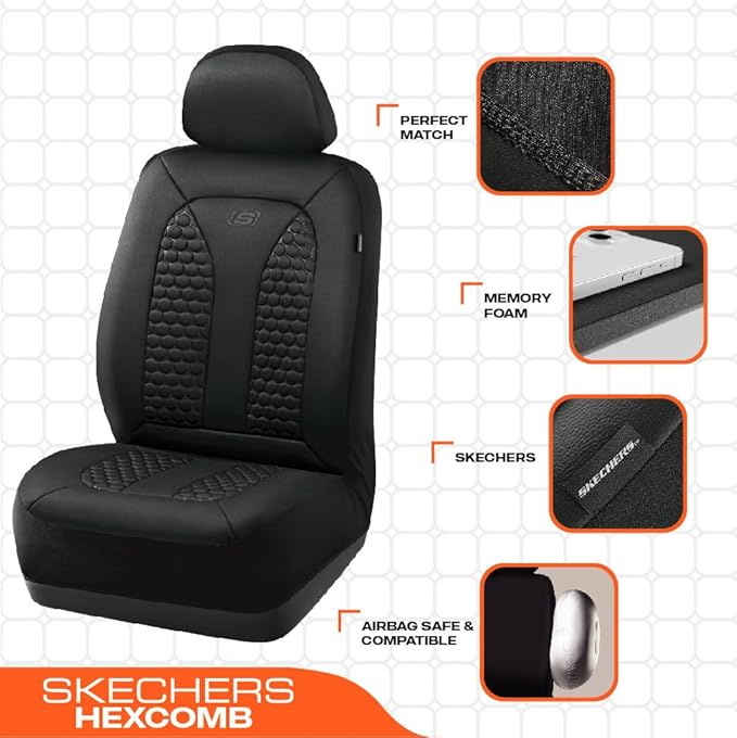 Skechers Memory Foam™ Car Seat Cover Full Sets, Hexcomb Breathable Thick Seat Covers, Airbag Compatible, Automotive Comfort & Protection for Most Cars,Van,Trucks, SUVs (Black,Full Set)