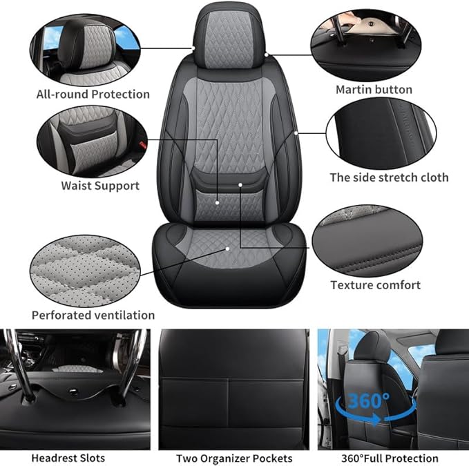 Car Seat Covers Full Set Custom Fit for Saturn Aura 2006-2009 - Premium Faux Leather with Lumbar Support | Breathable, Waterproof, Anti-Slip, Durable (Black&Gray,Full Set)