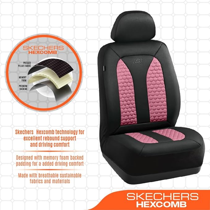 Skechers Memory Foam™ Car Seat Covers, Hexcomb Breathable Thick Seat Covers Two Front Seat Covers, Airbag Compatible, Automotive Comfort & Protection for Most Cars,Van,Trucks, SUVs (Pink,Two Front)