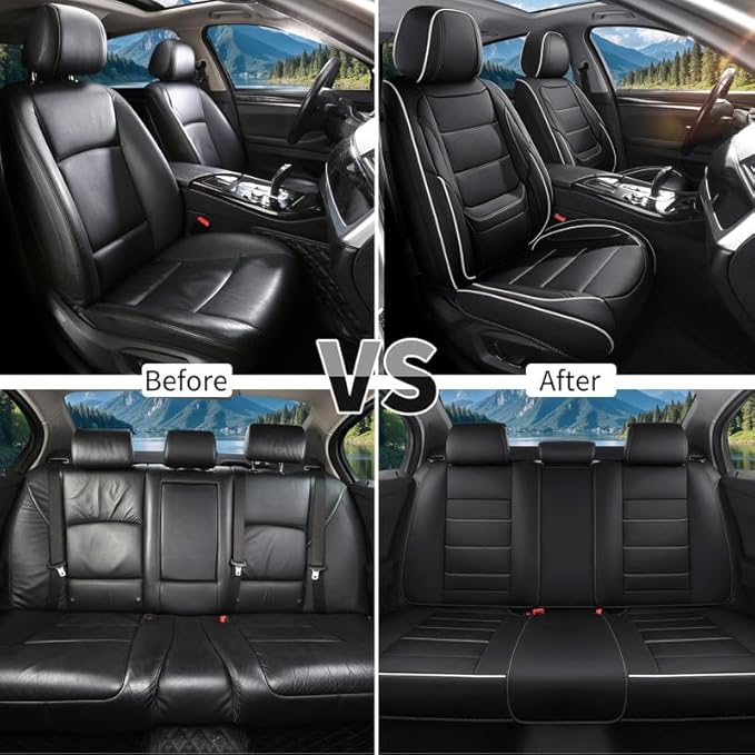 Car Seat Covers Full Set Custom Fit for Saturn ION 2003-2010-Luxury Leather with Lumbar Support, Breathable, Waterproof, Anti-Slip, Durable, Easy to Install (Black&White,Full Set)