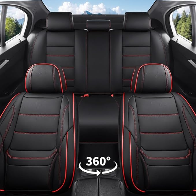 Car Seat Covers Full Set Custom Fit for Ford Taurus 1999-2018-Luxury Leather with Lumbar Support, Breathable, Waterproof, Anti-Slip, Durable, Easy to Install (Black&Red,Full Set)