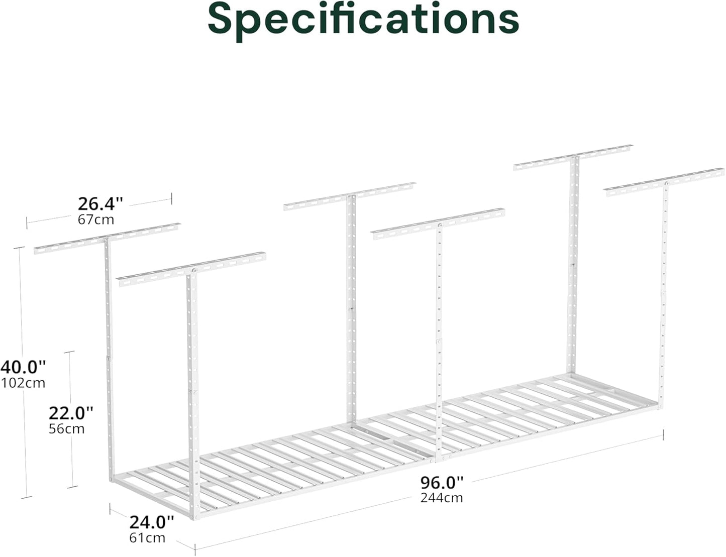 SunsGrove 2x8 Garage Overhead Storage Rack, Adjustable Heavy Duty Hanging Garage Storage Shelves, Ceiling Mounted Storage Racks, 800LBS Weight Capacity, 22"-40" Ceiling Dropdown, 2 Packs, White