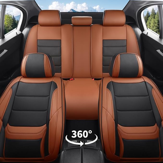 Car Seat Covers Full Set Custom Fit for Mercury Grand Marquis 1995-2011-Luxury Leather with Lumbar Support, Breathable, Waterproof, Anti-Slip, Durable, Easy to Install (BlackBrown,Full Set)
