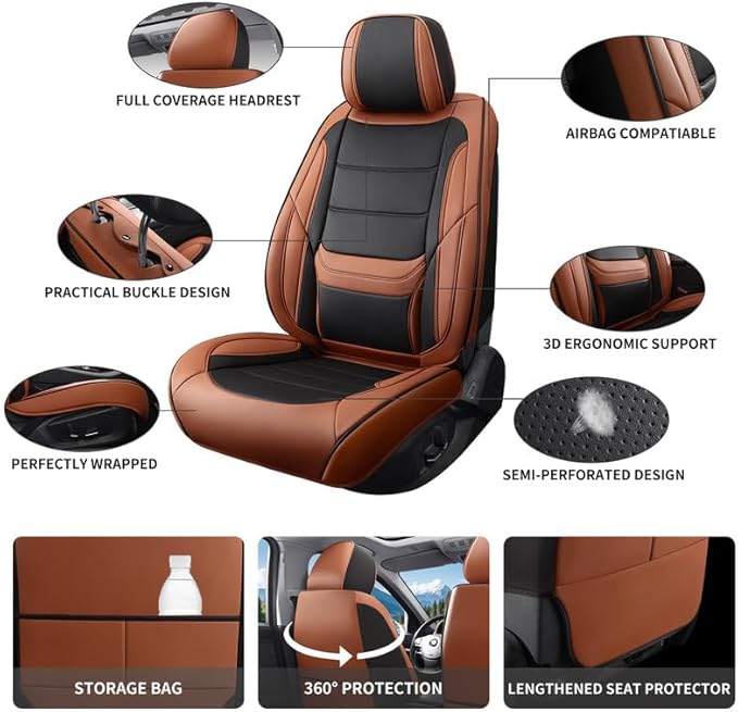 Car Seat Covers Full Set Custom Fit for Ford Escape 2001-2025 2026-Luxury Leather with Lumbar Support, Breathable, Waterproof, Anti-Slip, Durable, Easy to Install (BlackBrown,Full Set)