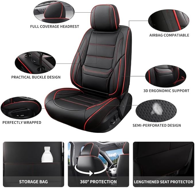 Car Seat Covers Full Set Custom Fit for Ford Maverick 2022-2026-Luxury Leather with Lumbar Support, Breathable, Waterproof, Anti-Slip, Durable, Easy to Install (Black&Red,Full Set)