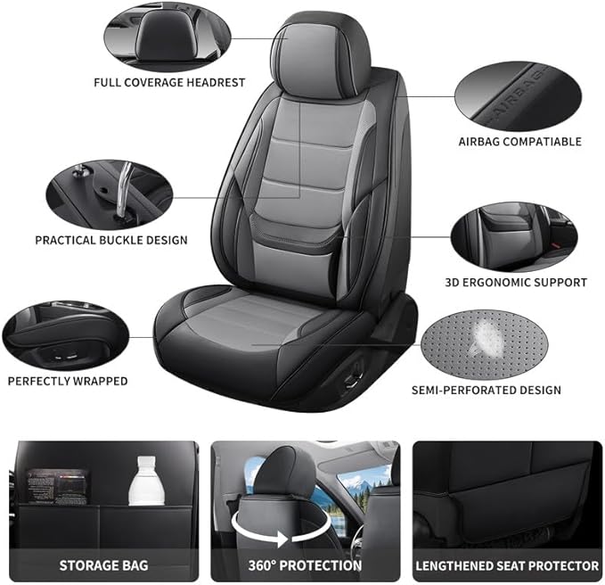 Car Seat Covers Full Set Custom Fit for Ford Taurus 1999-2018 - Premium Leather with Lumbar Support, Breathable, Anti-Slip & Excellent Seating Experience (Black&Gray, Full Set)