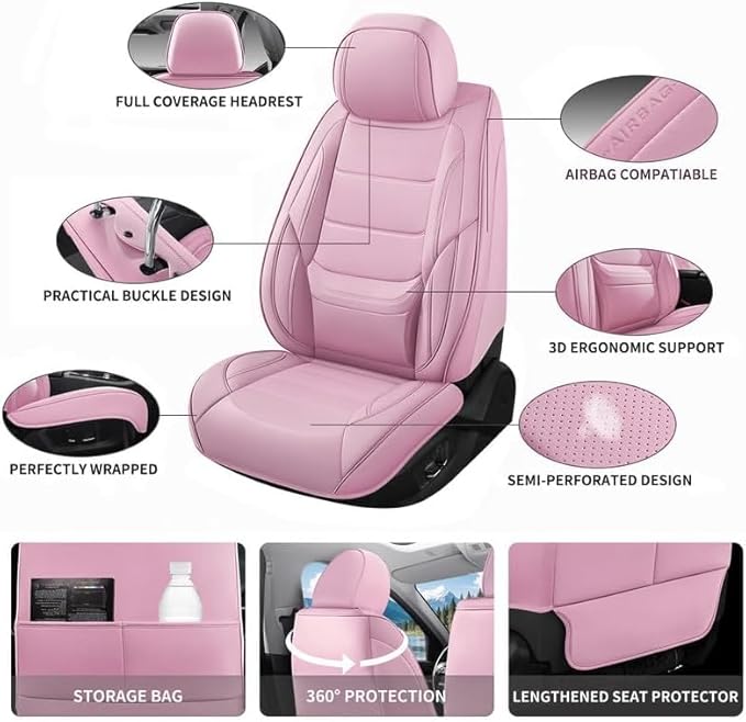 Car Seat Covers Full Set Fit for Buick Century 1997-2005, Premium Faux Leather Waterproof Car Seat Protectors with Lumbar Support, Breathable Anti-Slip Easy to Install(Pink,Full Set)
