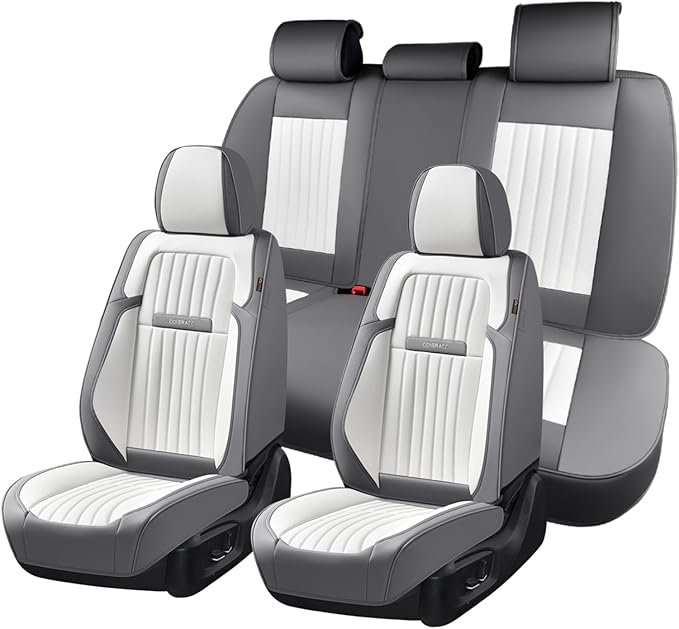 Coverado Car Seat Covers Full Set, Seat Covers for Cars, Car Seat Cover, Car Seat Protector, Leather Car Seat Cushion, Waterproof Car Seat Covers Front Seats and Back Fit for Most Cars(Gray&White)