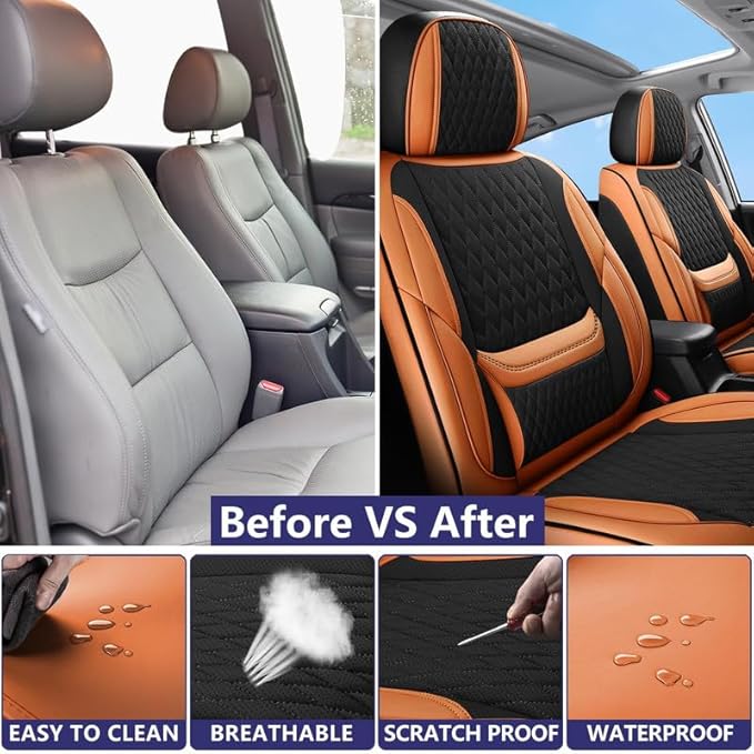 Front Seat Car Seat Covers Custom Fit for Ford Fiesta 2011-2019 - Premium Faux Leather with Lumbar Support | Breathable, Waterproof, Anti-Slip, Durable (Black&Brown,Front Seat)