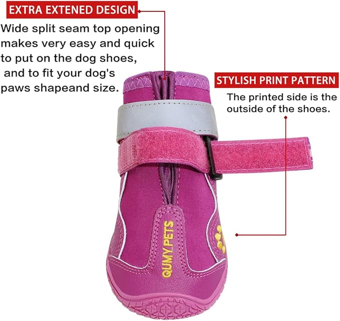 QUMY Dog Shoes for Large Dogs, Medium Dog Boots & Paw Protectors for Winter Snowy Day, Summer Hot Pavement, Waterproof in Rainy Weather, Outdoor Walking, Indoor Hardfloors Anti Slip Sole Purple Size 5