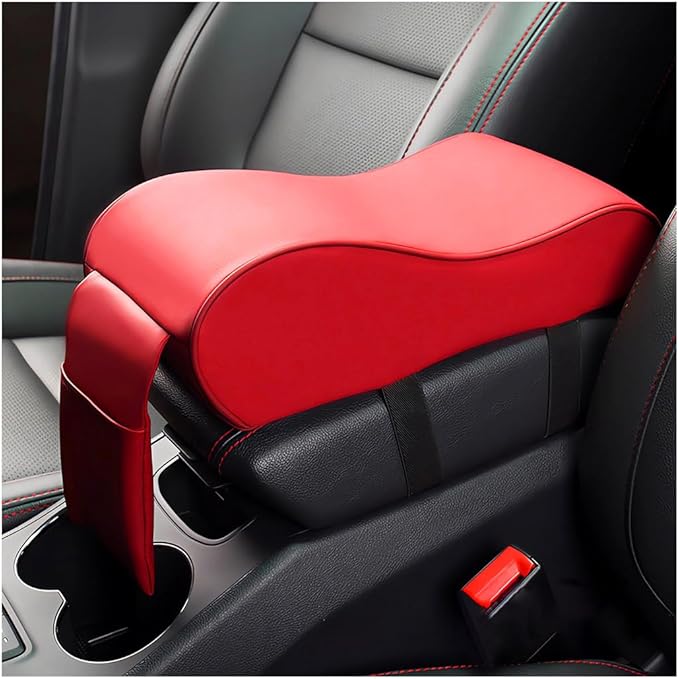Car Armrest Cushion, Soft Memory Foam Auto Armrest Pillow with Storage Bag, Leather Center Console Arm Rest Padded Cushion with Phone Holder, Universal Car Accessories (Red)