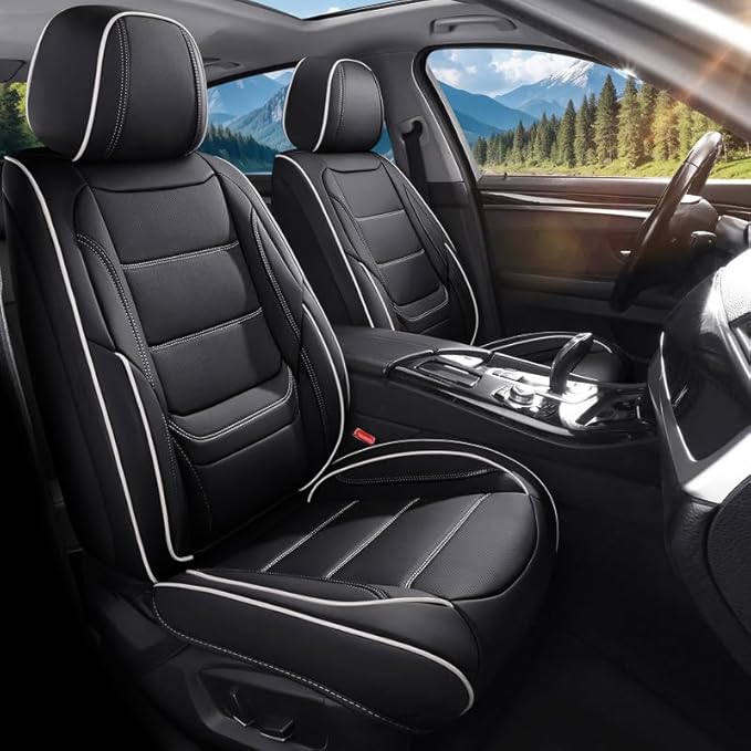 Car Seat Covers Full Set Custom Fit for Saturn ION 2003-2010-Luxury Leather with Lumbar Support, Breathable, Waterproof, Anti-Slip, Durable, Easy to Install (Black&White,Full Set)