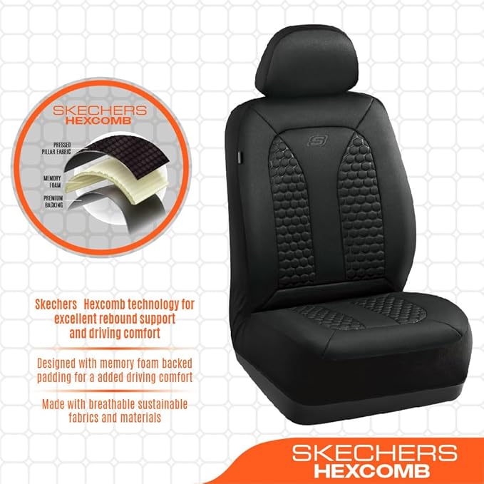 Skechers Memory Foam™ Car Seat Covers, Hexcomb Breathable Thick Seat Covers Black Two Front Seat Covers, Airbag Compatible, Automotive Comfort & Protection for Most Cars,Van,Trucks, SUVs (Black)