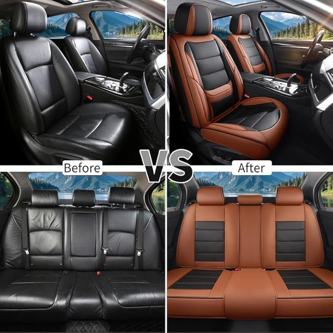 Car Seat Covers Full Set Custom Fit for Ford Escape 2001-2025 2026-Luxury Leather with Lumbar Support, Breathable, Waterproof, Anti-Slip, Durable, Easy to Install (BlackBrown,Full Set)
