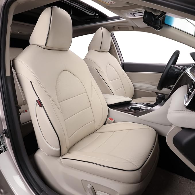 EKR Camry Car Seat Covers for Toyota Camry 2018 2019 2020 2021 2022 2023 2024 Hybrid XLE,Hybrid XSEWaterproof Leather Car Seat Cover Full Set for Trucks SUV-Faux Leather (Beige)