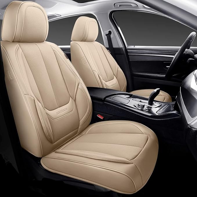 Coverado Car Seat Covers Full Set, Car Seat Protector Waterproof, Nappa Leather Car Seat Cushion, Beige Seat Covers for Cars, Front Seats and Back Universal Fit for Most Cars