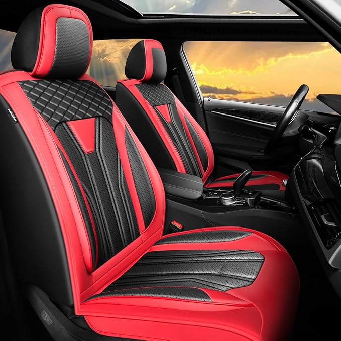 Fit Frontier Car Seat Covers Premium Leather for Nissan Frontier 2009-2025 2026. Waterproof， Breathable, Scratch-Resistant & All-Weather Seat Cushion Protector（Full Set,Red&Black