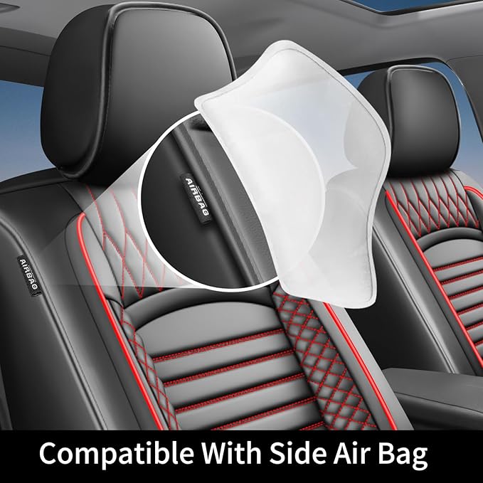Fit Ridgeline Car Seat Covers for Honda Ridgeline 2007-2025 2026 - Upgraded Premium Waterproof & Breathable Leather, Airbag Compatible, All-Weather Seat Cushion Protector (Full Set, Black+Red)